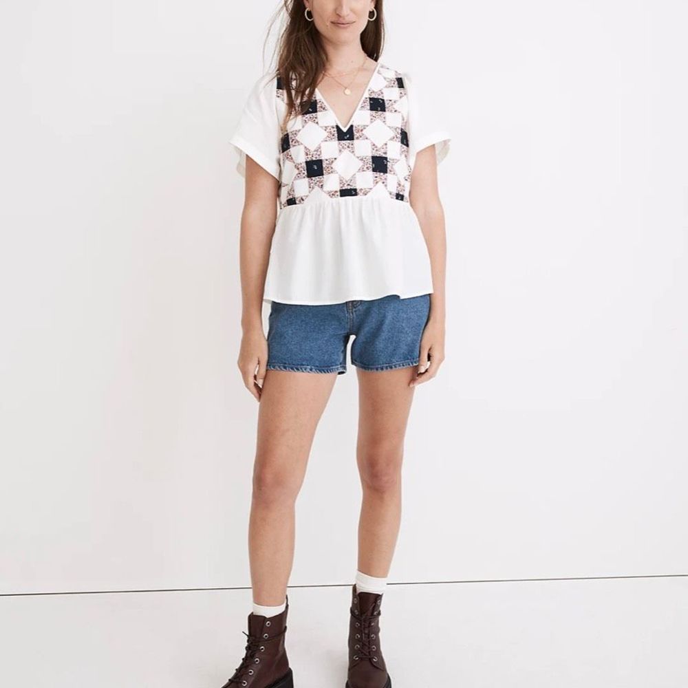 NWT Madewell Flutter-Sleeve Peplum Top in Patchwork Quilt Size XS